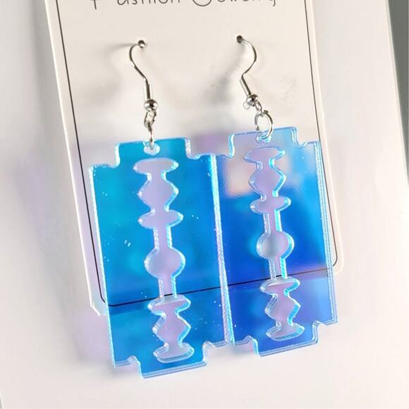 Acrylic Razor Blade Earrings Iridescent Blue Dangle Pierced Alt  Whimsygoth - Picture 3 of 9